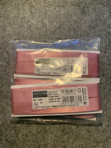 Satinbånd 15mm 3m Støvet rosa 5 pak